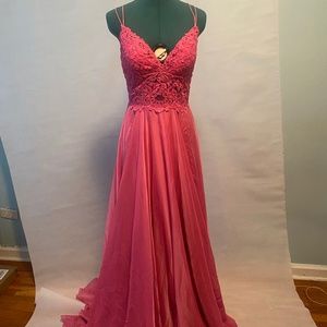 Summer evening/bridesmaid dress hot pink , lace top and silk/chiffon bottom.